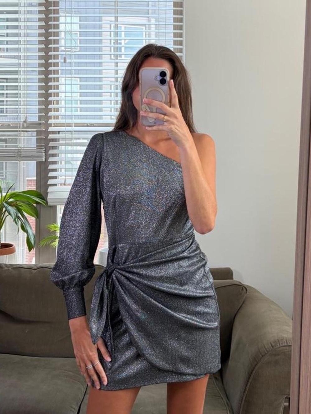 Yumi Kim silver metallic one shoulder mini dress